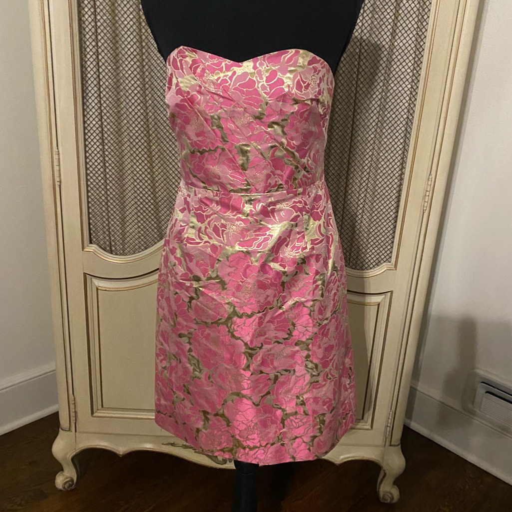 Lilly Pulitzer Pink And Gold Metallic Jacquard Cocktail Dress